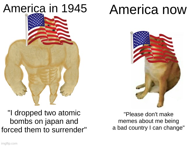 America THEN vs NOW | America in 1945; America now; "I dropped two atomic bombs on japan and forced them to surrender"; "Please don't make memes about me being a bad country I can change" | image tagged in memes,buff doge vs cheems | made w/ Imgflip meme maker