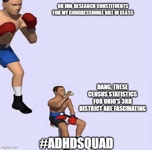 This was me yesterday | OK IMA RESEARCH CONSTITUENTS FOR MY CONGRESSIONAL BILL IN CLASS; DANG, THESE CENSUS STATISTICS FOR OHIO'S 3RD DISTRICT ARE FASCINATING; #ADHDSQUAD | image tagged in boxer,adhd,distraction,distracted,hyperfocusing | made w/ Imgflip meme maker