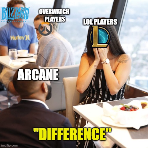 restaurant proposing | OVERWATCH 
PLAYERS; LOL PLAYERS; ARCANE; "DIFFERENCE" | image tagged in restaurant proposing | made w/ Imgflip meme maker