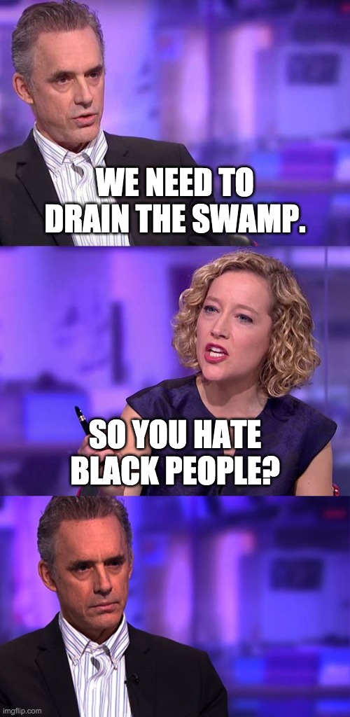So You're Saying Jordan Peterson | WE NEED TO DRAIN THE SWAMP. SO YOU HATE BLACK PEOPLE? | image tagged in so you're saying jordan peterson | made w/ Imgflip meme maker