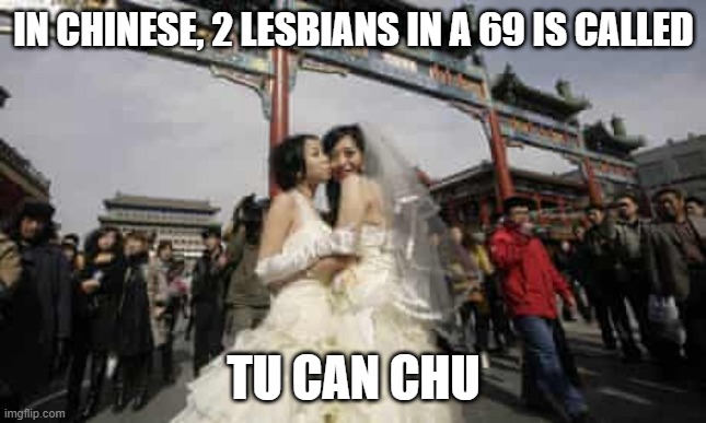 Language Lesson | IN CHINESE, 2 LESBIANS IN A 69 IS CALLED; TU CAN CHU | image tagged in sex joke,lesbians | made w/ Imgflip meme maker