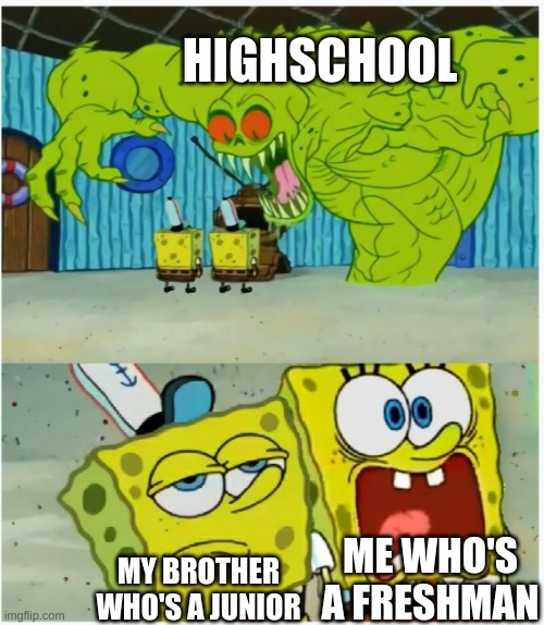 SpongeBob SquarePants scared but also not scared | HIGHSCHOOL; ME WHO'S A FRESHMAN; MY BROTHER WHO'S A JUNIOR | image tagged in spongebob squarepants scared but also not scared | made w/ Imgflip meme maker