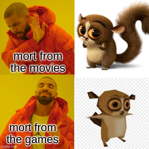 mort | mort from the movies; mort from the games | image tagged in madagascar,mort | made w/ Imgflip meme maker