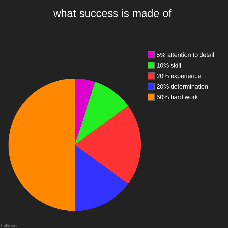 you may have caught the joke you may have missed it. attention to detail boi. | what success is made of | 50% hard work, 20% determination, 20% experience, 10% skill, 5% attention to detail | image tagged in charts,pie charts,success,detail,attention | made w/ Imgflip chart maker