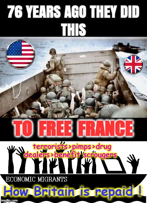 America & Britain freed France | ECONOMIC MIGRANTS; terrorists>pimps>drug dealers>benefit scrougers | image tagged in payback | made w/ Imgflip meme maker