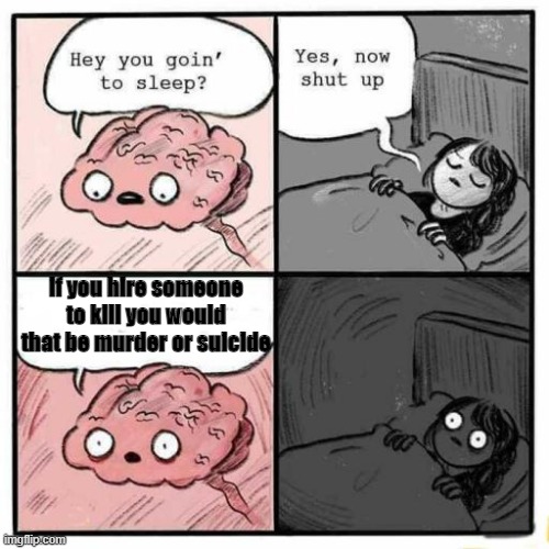 Hey you going to sleep? | if you hire someone to kill you would that be murder or suicide | image tagged in hey you going to sleep | made w/ Imgflip meme maker