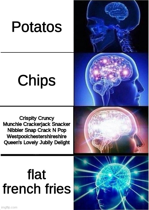 flat french fries |  Potatos; Chips; Crispity Cruncy Munchie Crackerjack Snacker Nibbler Snap Crack N Pop Westpoolchestershireshire Queen's Lovely Jubily Delight; flat french fries | image tagged in memes,expanding brain | made w/ Imgflip meme maker