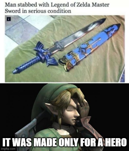 IT HAPPENED AT A COSPLAY CONVEMTION | IT WAS MADE ONLY FOR A HERO | image tagged in link facepalm,sword,the legend of zelda,link,cosplay | made w/ Imgflip meme maker