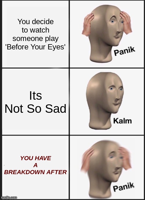 Watch 'Before Your Eyes' If You Dare. | You decide to watch someone play 'Before Your Eyes'; Its Not So Sad; YOU HAVE A BREAKDOWN AFTER | image tagged in memes,panik kalm panik | made w/ Imgflip meme maker