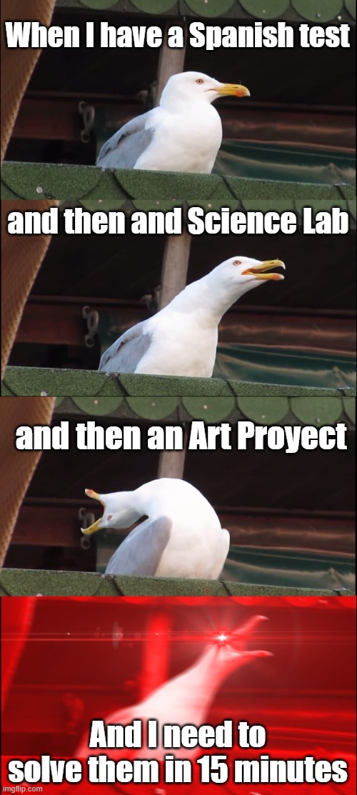 Inhaling Seagull Meme | When I have a Spanish test; and then and Science Lab; and then an Art Proyect; And I need to solve them in 15 minutes | image tagged in memes,inhaling seagull | made w/ Imgflip meme maker