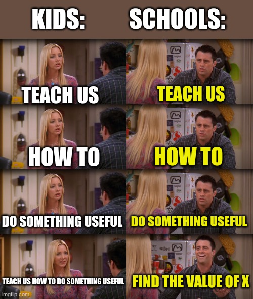 repeat after me | KIDS:          SCHOOLS:; TEACH US; TEACH US; HOW TO; HOW TO; DO SOMETHING USEFUL; DO SOMETHING USEFUL; TEACH US HOW TO DO SOMETHING USEFUL; FIND THE VALUE OF X | image tagged in joey repeat after me,schools,value,x,useful | made w/ Imgflip meme maker