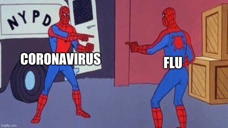 spiderman pointing at spiderman | CORONAVIRUS; FLU | image tagged in spiderman pointing at spiderman | made w/ Imgflip meme maker