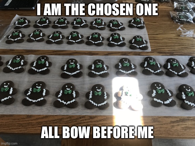 The chosen gingerbread | I AM THE CHOSEN ONE; ALL BOW BEFORE ME | image tagged in gingie | made w/ Imgflip meme maker