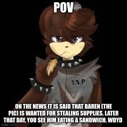 e | POV; ON THE NEWS IT IS SAID THAT BAREN (THE PIC) IS WANTED FOR STEALING SUPPLIES. LATER THAT DAY, YOU SEE HIM EATING A SANDWICH. WDYD | made w/ Imgflip meme maker