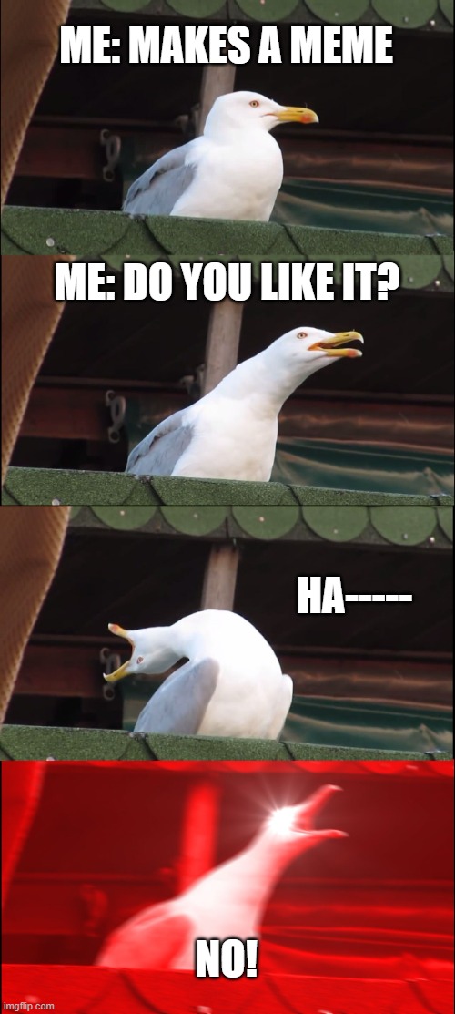 Do you like my meme? | ME: MAKES A MEME; ME: DO YOU LIKE IT? HA-----; NO! | image tagged in memes,inhaling seagull | made w/ Imgflip meme maker