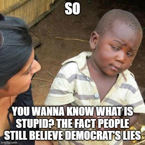 It is see-through at this point | SO; YOU WANNA KNOW WHAT IS STUPID? THE FACT PEOPLE STILL BELIEVE DEMOCRAT'S LIES | image tagged in memes,third world skeptical kid,democrats | made w/ Imgflip meme maker