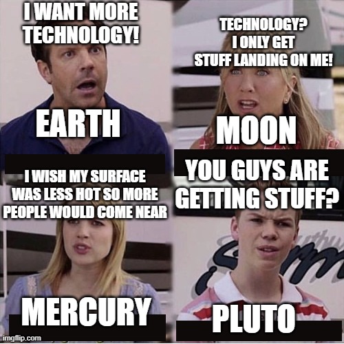 You guys are getting paid template | I WANT MORE TECHNOLOGY! TECHNOLOGY? I ONLY GET STUFF LANDING ON ME! EARTH; MOON; I WISH MY SURFACE WAS LESS HOT SO MORE PEOPLE WOULD COME NEAR; YOU GUYS ARE GETTING STUFF? MERCURY; PLUTO | image tagged in you guys are getting paid template | made w/ Imgflip meme maker