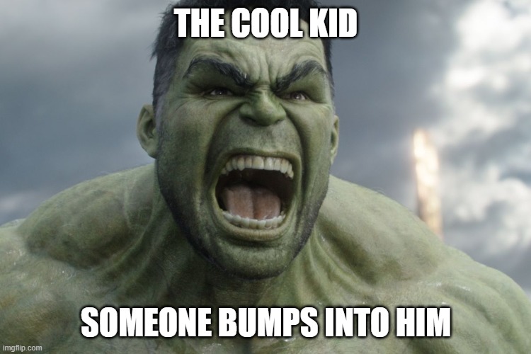 Anger | THE COOL KID; SOMEONE BUMPS INTO HIM | image tagged in raging hulk | made w/ Imgflip meme maker