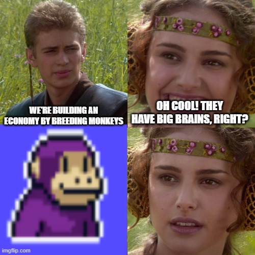 Anakin Padme 4 Panel | WE'RE BUILDING AN ECONOMY BY BREEDING MONKEYS; OH COOL! THEY HAVE BIG BRAINS, RIGHT? | image tagged in anakin padme 4 panel | made w/ Imgflip meme maker