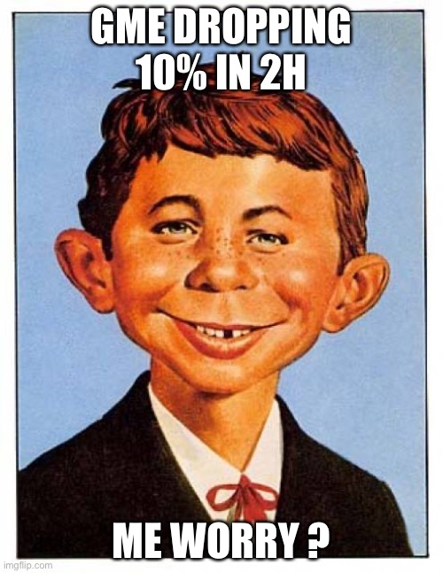 Alfred E. Neuman | GME DROPPING 10% IN 2H; ME WORRY ? | image tagged in alfred e neuman,Superstonk | made w/ Imgflip meme maker