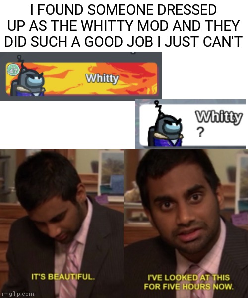 I've looked at this for 5 hours now | I FOUND SOMEONE DRESSED UP AS THE WHITTY MOD AND THEY DID SUCH A GOOD JOB I JUST CAN'T | image tagged in i've looked at this for 5 hours now,whitty,among us | made w/ Imgflip meme maker