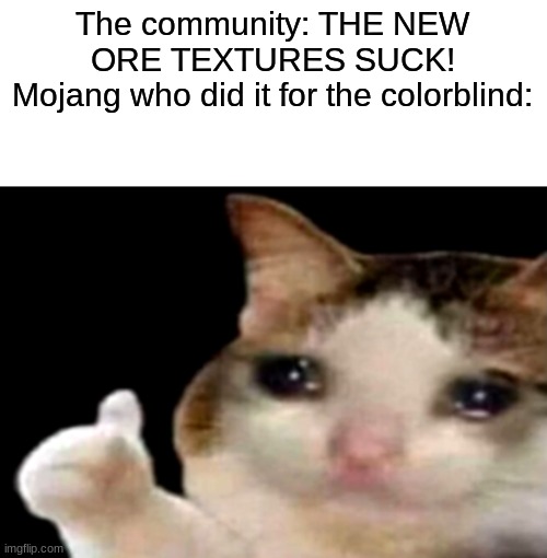 Daily Meme Supplies #5 |  The community: THE NEW ORE TEXTURES SUCK!
Mojang who did it for the colorblind: | image tagged in minecraft,cave,cliff,update,memes | made w/ Imgflip meme maker