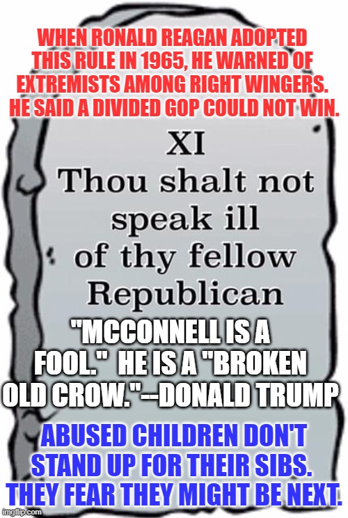 They cower in the shadows from the Tangerine Tyrant. | WHEN RONALD REAGAN ADOPTED THIS RULE IN 1965, HE WARNED OF EXTREMISTS AMONG RIGHT WINGERS.  HE SAID A DIVIDED GOP COULD NOT WIN. "MCCONNELL IS A FOOL."  HE IS A "BROKEN OLD CROW."--DONALD TRUMP; ABUSED CHILDREN DON'T STAND UP FOR THEIR SIBS.  THEY FEAR THEY MIGHT BE NEXT. | image tagged in politics | made w/ Imgflip meme maker