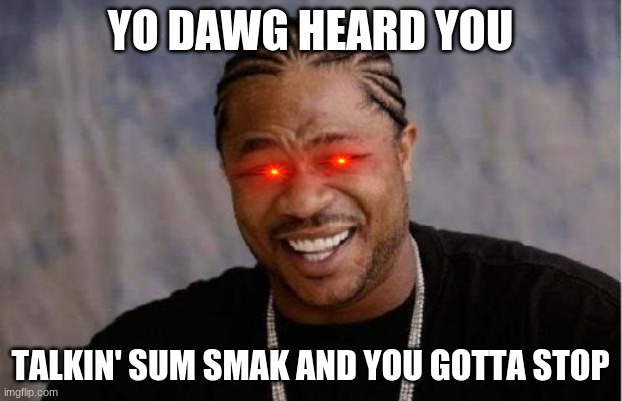 Yo Dawg Heard You | YO DAWG HEARD YOU; TALKIN' SUM SMAK AND YOU GOTTA STOP | image tagged in memes,yo dawg heard you | made w/ Imgflip meme maker