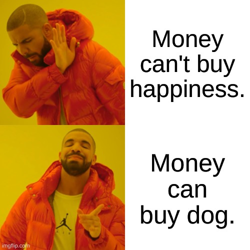 Drake Hotline Bling | Money can't buy happiness. Money can buy dog. | image tagged in memes,drake hotline bling,dog | made w/ Imgflip meme maker