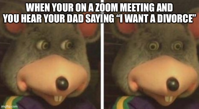 Chucky cheese | WHEN YOUR ON A ZOOM MEETING AND YOU HEAR YOUR DAD SAYING “I WANT A DIVORCE” | image tagged in chucky cheese | made w/ Imgflip meme maker