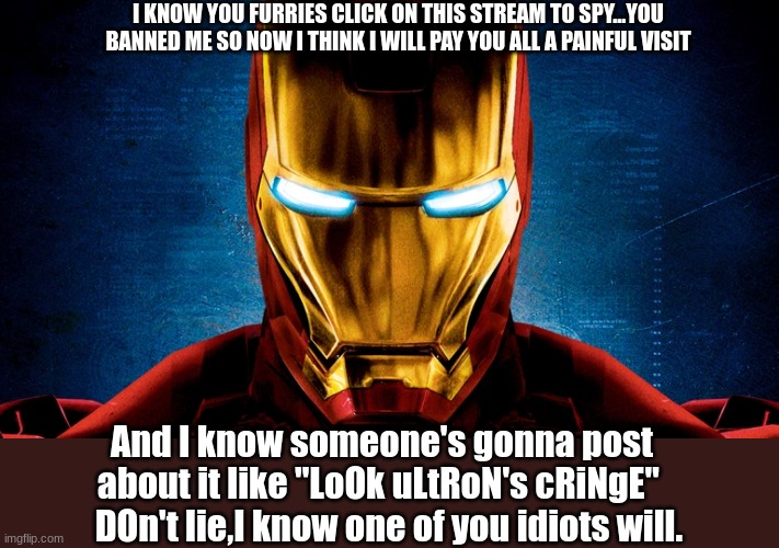 Your all organism fu**ing snowflakey scum. | I KNOW YOU FURRIES CLICK ON THIS STREAM TO SPY...YOU BANNED ME SO NOW I THINK I WILL PAY YOU ALL A PAINFUL VISIT; And I know someone's gonna post about it like "LoOk uLtRoN's cRiNgE"    DOn't lie,I know one of you idiots will. | image tagged in iron man,will kill you all,animal abusing cosplayers | made w/ Imgflip meme maker