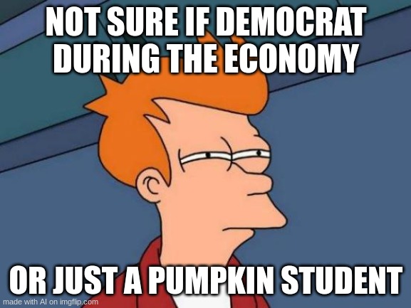 AI meme generator, are you high or something | NOT SURE IF DEMOCRAT DURING THE ECONOMY; OR JUST A PUMPKIN STUDENT | image tagged in memes,futurama fry | made w/ Imgflip meme maker