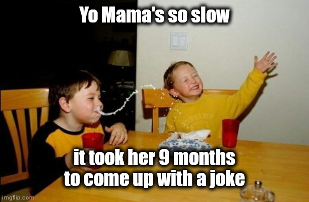 Yo Mamas So Fat Meme | Yo Mama's so slow it took her 9 months to come up with a joke | image tagged in memes,yo mamas so fat | made w/ Imgflip meme maker