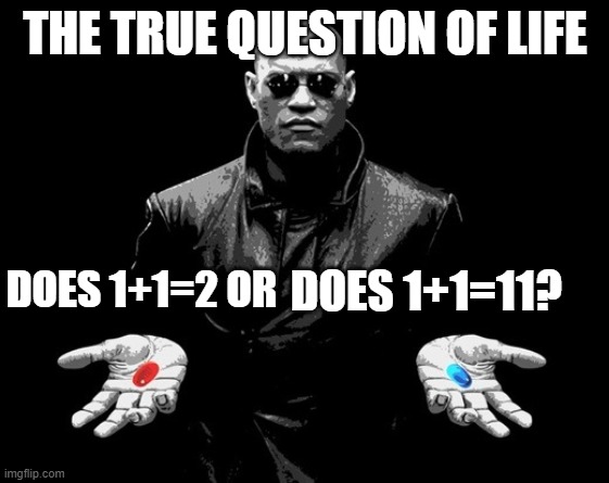 Honestly was confused as a 4 year old | THE TRUE QUESTION OF LIFE; DOES 1+1=2 OR; DOES 1+1=11? | image tagged in morpheus matrix blue pill red pill | made w/ Imgflip meme maker