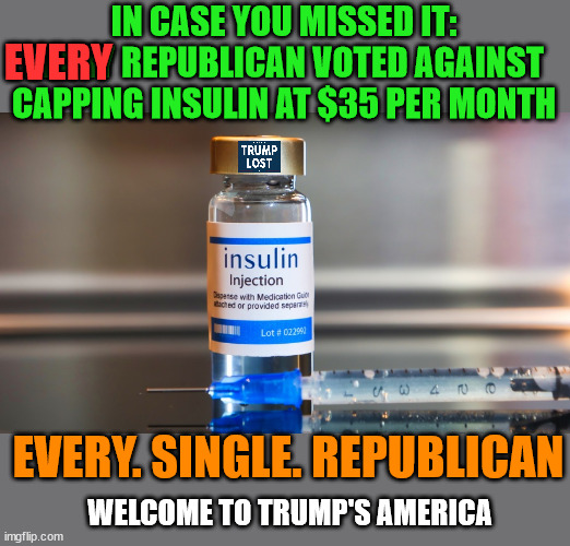 If its not money for billionaires, the Trumpers don't like it. | IN CASE YOU MISSED IT:
EVERY REPUBLICAN VOTED AGAINST CAPPING INSULIN AT $35 PER MONTH; EVERY; EVERY. SINGLE. REPUBLICAN; WELCOME TO TRUMP'S AMERICA | image tagged in trump lost,insulin,medicare for all | made w/ Imgflip meme maker