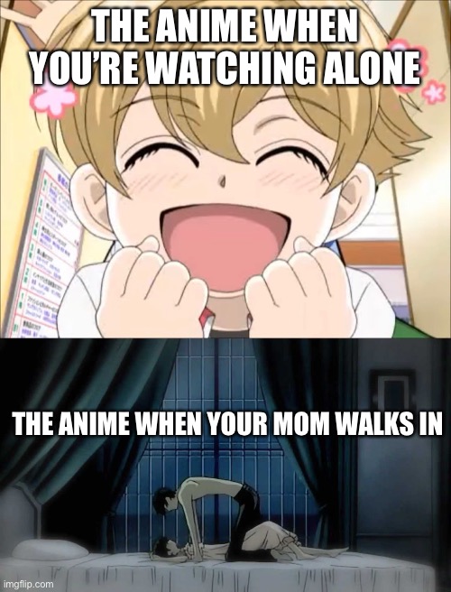 Just a host club meme | THE ANIME WHEN YOU’RE WATCHING ALONE; THE ANIME WHEN YOUR MOM WALKS IN | made w/ Imgflip meme maker