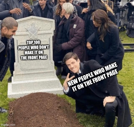 Pain | TOP 100 PEOPLE WHO DON'T MAKE IT ON THE FRONT PAGE; NEW PEOPLE WHO MAKE IT ON THE FRONT PAGE | image tagged in grant gustin over grave | made w/ Imgflip meme maker