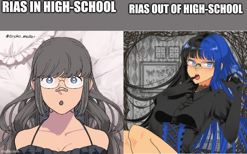 RIAS IN HIGH-SCHOOL; RIAS OUT OF HIGH-SCHOOL | image tagged in memes,blank transparent square | made w/ Imgflip meme maker