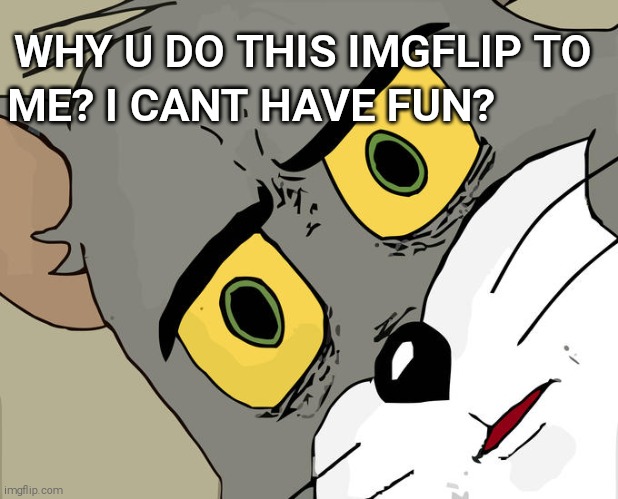Unsettled Tom Meme | WHY U DO THIS IMGFLIP TO; ME? I CANT HAVE FUN? | image tagged in memes,unsettled tom | made w/ Imgflip meme maker