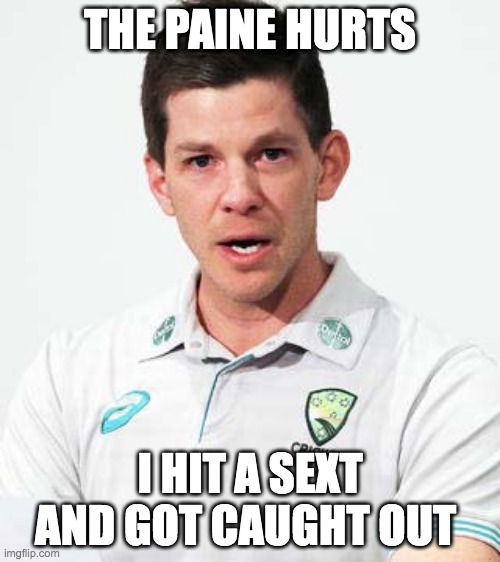 Tim Caught Out |  THE PAINE HURTS; I HIT A SEXT AND GOT CAUGHT OUT | image tagged in tim in pain,tim paine,cricket,cricket australia,australia | made w/ Imgflip meme maker