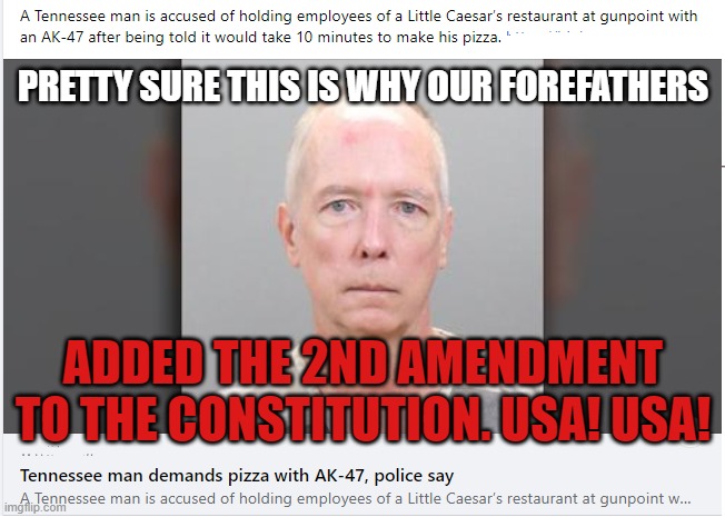 Pizza Gunman | PRETTY SURE THIS IS WHY OUR FOREFATHERS; ADDED THE 2ND AMENDMENT TO THE CONSTITUTION. USA! USA! | image tagged in pizza gunman | made w/ Imgflip meme maker