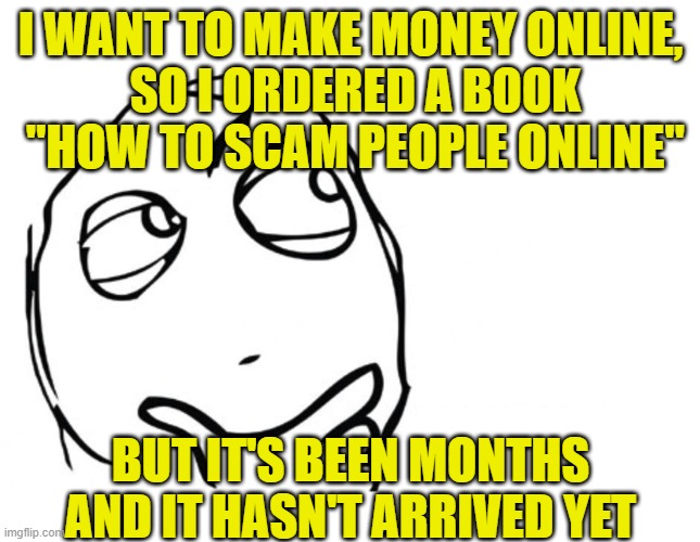 hmmm | I WANT TO MAKE MONEY ONLINE,
 SO I ORDERED A BOOK
 "HOW TO SCAM PEOPLE ONLINE"; BUT IT'S BEEN MONTHS AND IT HASN'T ARRIVED YET | image tagged in hmmm | made w/ Imgflip meme maker