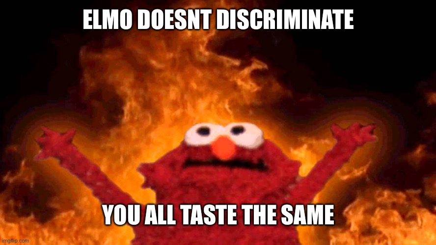 sus elmo | ELMO DOESNT DISCRIMINATE; YOU ALL TASTE THE SAME | image tagged in elmo fire | made w/ Imgflip meme maker