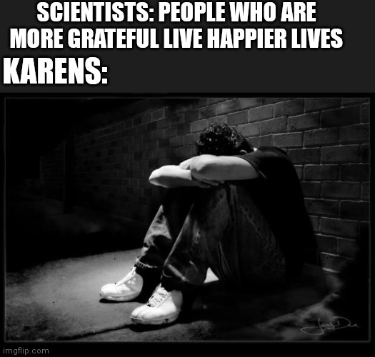 How much you wanna bet this is accurate? | SCIENTISTS: PEOPLE WHO ARE MORE GRATEFUL LIVE HAPPIER LIVES; KARENS: | image tagged in depressed | made w/ Imgflip meme maker
