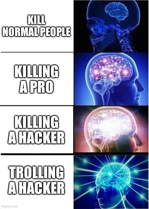 Expanding Brain Meme | KILL NORMAL PEOPLE; KILLING A PRO; KILLING A HACKER; TROLLING A HACKER | image tagged in memes,expanding brain | made w/ Imgflip meme maker