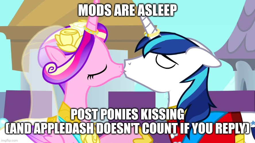 MODS ARE ASLEEP; POST PONIES KISSING
(AND APPLEDASH DOESN'T COUNT IF YOU REPLY) | made w/ Imgflip meme maker