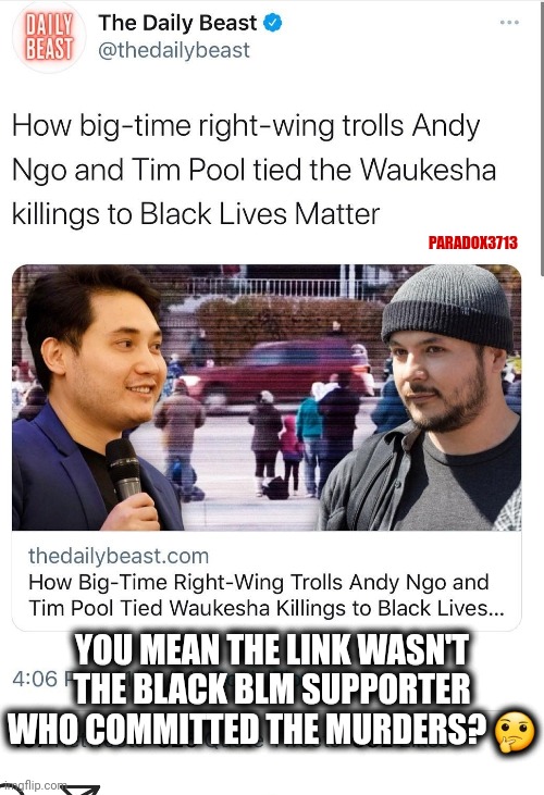 Bruh, the murderer was already proven to be a Black Lives Matter Supporter.  It was that easy to figure out. | PARADOX3713; YOU MEAN THE LINK WASN'T THE BLACK BLM SUPPORTER WHO COMMITTED THE MURDERS? 🤔 | image tagged in memes,politics,2nd amendment,antifa,black lives matter,racism | made w/ Imgflip meme maker