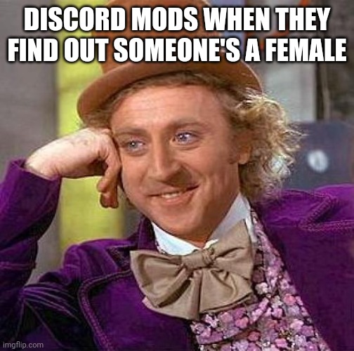 According to YouTube, at least. | DISCORD MODS WHEN THEY FIND OUT SOMEONE'S A FEMALE | image tagged in memes,creepy condescending wonka | made w/ Imgflip meme maker