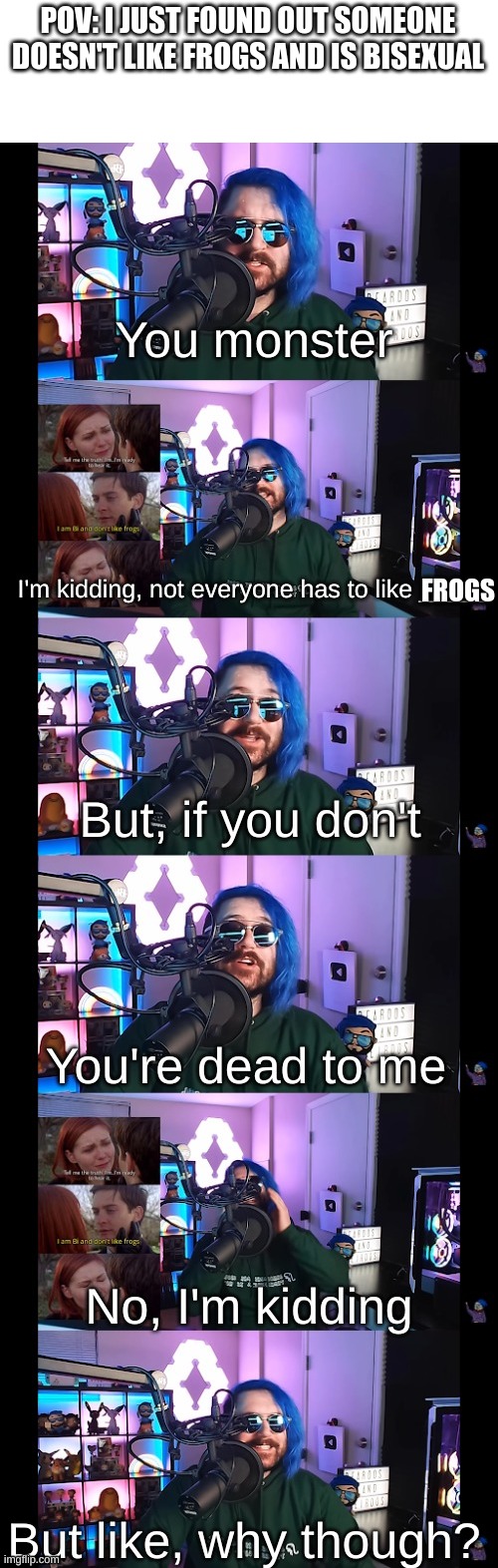 idk | POV: I JUST FOUND OUT SOMEONE DOESN'T LIKE FROGS AND IS BISEXUAL; FROGS | image tagged in ot template,frog,bisexual,meme | made w/ Imgflip meme maker