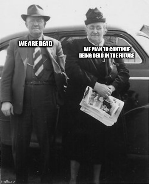 dead | WE ARE DEAD; WE PLAN TO CONTINUE BEING DEAD IN THE FUTURE | image tagged in dead | made w/ Imgflip meme maker